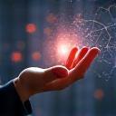 Hand reaching out towards a network